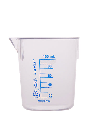 Abdos Printed Tapered Beakers, TPX Polymethyl pentene (PMP) 100 mL, 12/CS