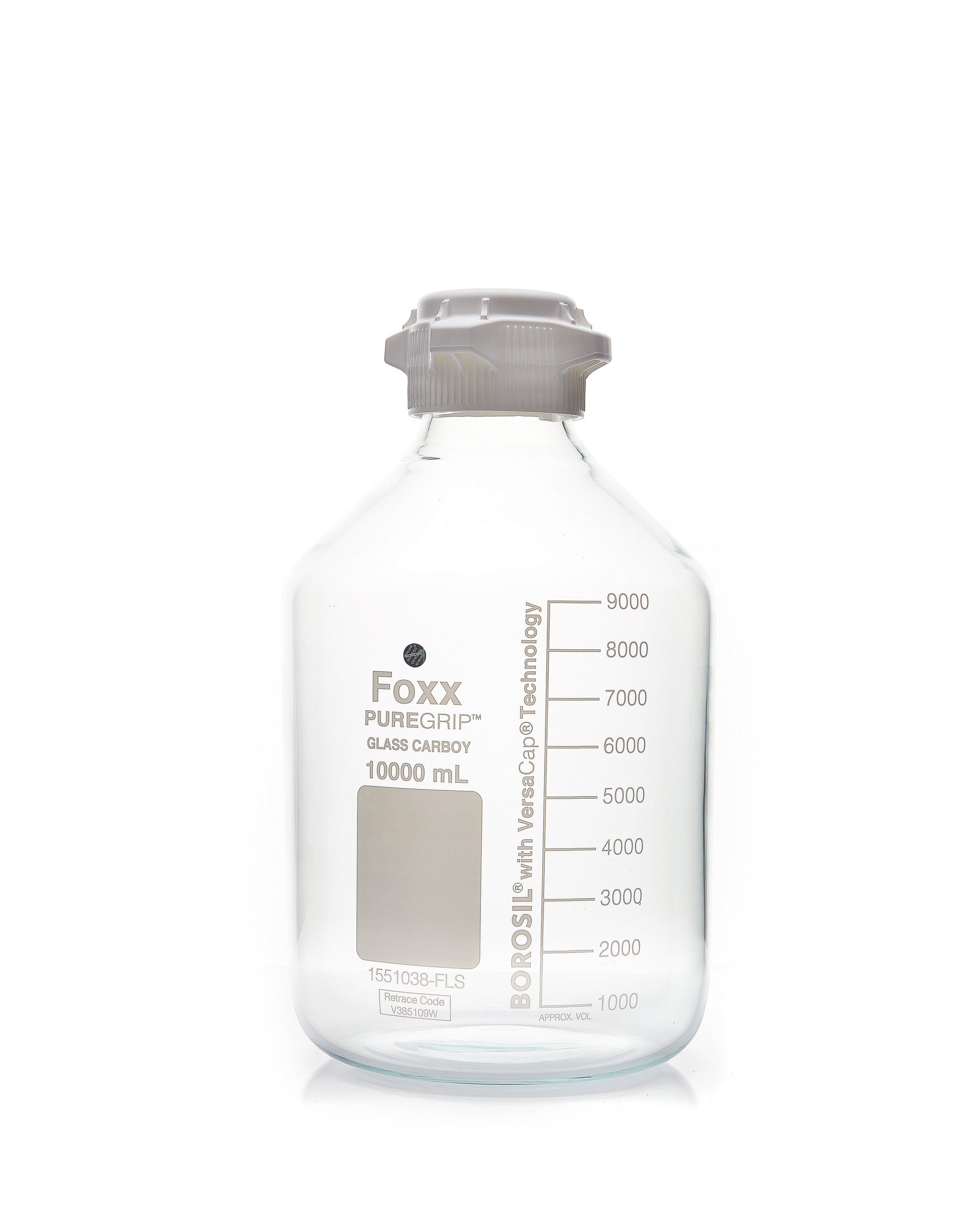 PUREGRIP® Glass Carboys, Round, Clear, 83mm VersaCap®, 10,000mL