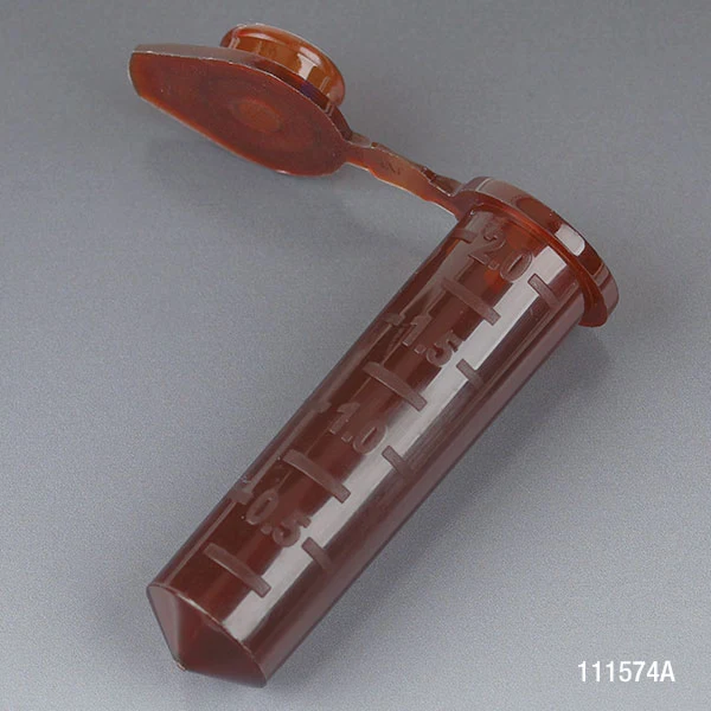 Microcentrifuge Tube, 2.0mL, PP, Attached Snap Cap, Graduated, Amber, Certified: Rnase, Dnase and Pyrogen Free, 500/Stand Up Zip Lock Bag - CS/5000
