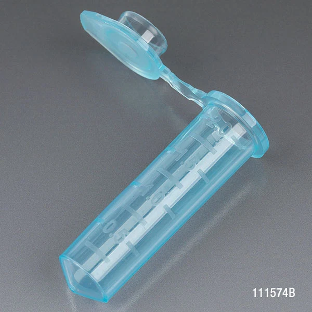 Microcentrifuge Tube, 2.0mL, PP, Attached Snap Cap, Graduated, Blue, Certified: Rnase, Dnase and Pyrogen Free, 500/Stand Up Zip Lock Bag - CS/5000