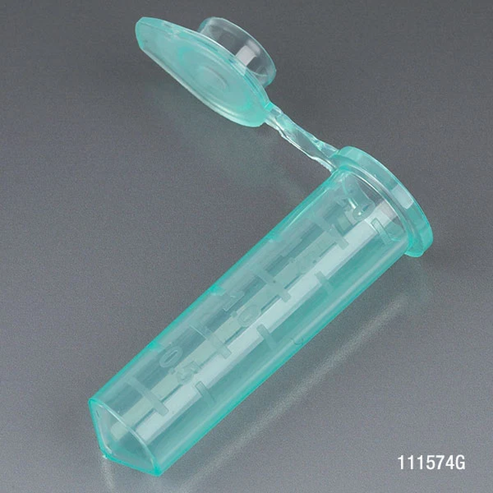 Microcentrifuge Tube, 2.0mL, PP, Attached Snap Cap, Graduated, Green, Certified: Rnase, Dnase and Pyrogen Free, 500/Stand Up Zip Lock Bag - CS/5000
