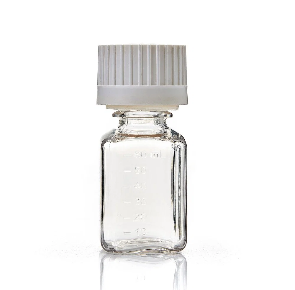 EZBio® 60 mL PETG Media Bottles, Non-Sterile, Square Storage Bottles with 38-430 mm White Closed VersaCap Closures w/ Threaded Adapter, 40/CS