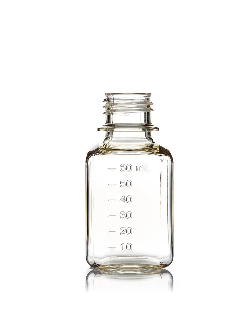 EZBio® 60 mL PETG Media Bottles, Non-Sterile, Square Storage Bottles with 24-415 mm Neck, Without Caps, 40/CS
