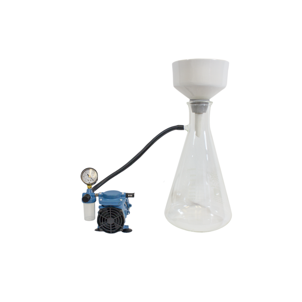 Complete Buchner Kit: 125mm Porcelain Funnel, 5L Side Arm Flask, Adapters, Filters, Tubing, and Pump