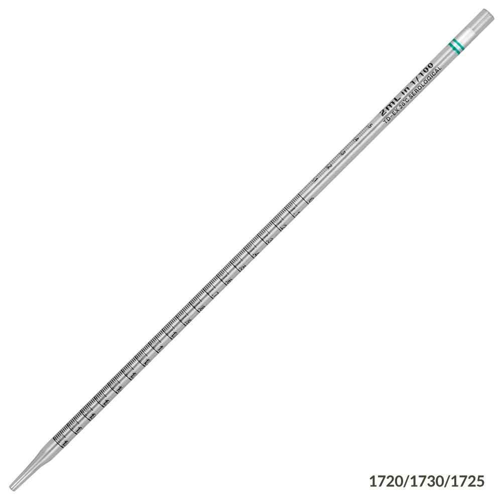 Serological Pipette, 2mL, PS, Standard Tip, 275mm, Non-Sterile, Green Band, 25/Pack