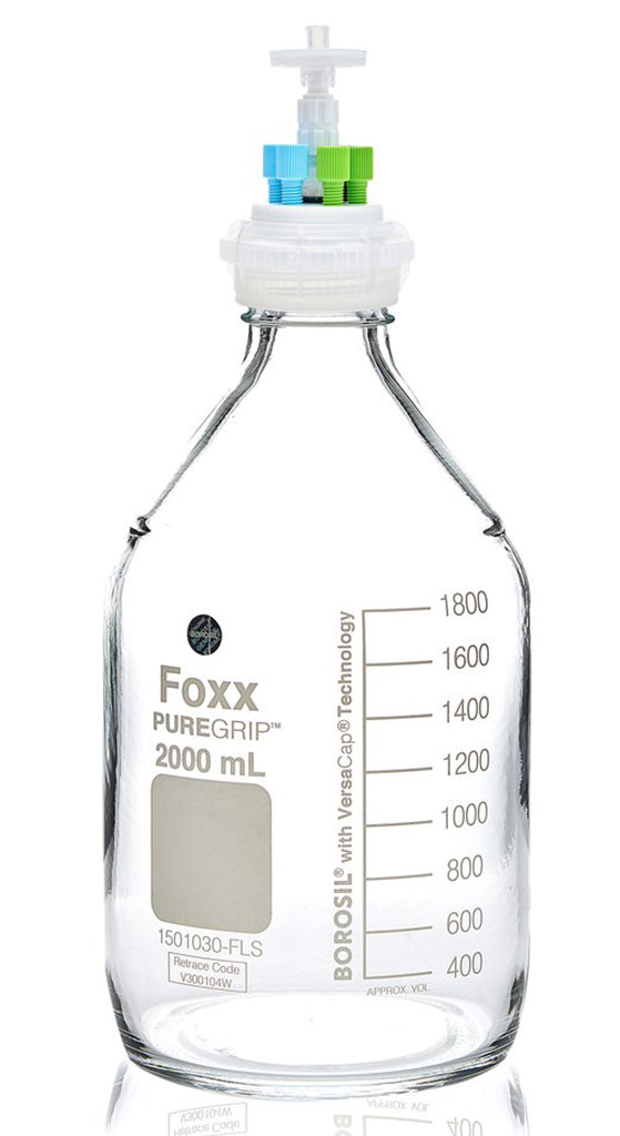 ChromCap™ 300 Universal HPLC Solvent Reservoir System with VersaCap® GL45 and 2 L (2,000 mL) Clr. Glass Reagent Bottle, Class VI PTFE Adapter & Safety Air Inlet Valve, Six (6x) Ports- OD Tubing 3.2mm (1/8") or 1.6 mm (1/16"), 1/EA