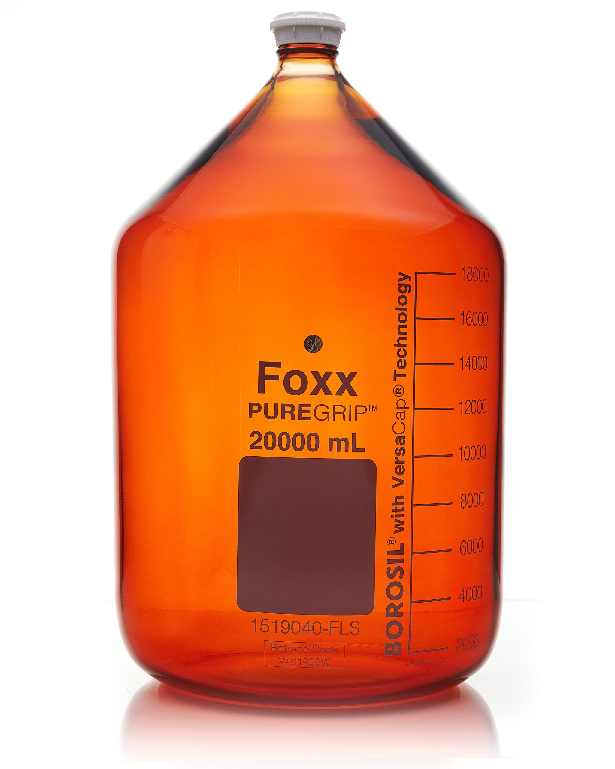 PUREGRIP® Reusable Amber Light-Blocking Round Glass Media Storage Bottles with GL45 VersaCap, Pouring Ring, and Extra Large Marking Spot, 20 L (20,000mL), 1/EA