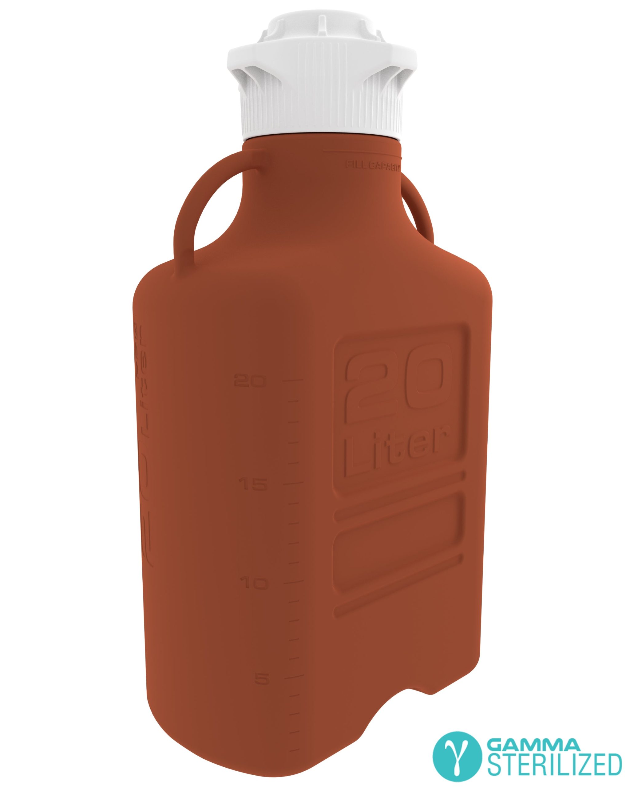 EZBio® 20 L (5 Gal) Gamma Sterilized Double Bagged Light Blocking Amber HDPE Space Saving Carboy with Wide Mouth 120 mm VersaCap® and 26.5 L Max Capacity, Large Pinched Handle, 1/EA
