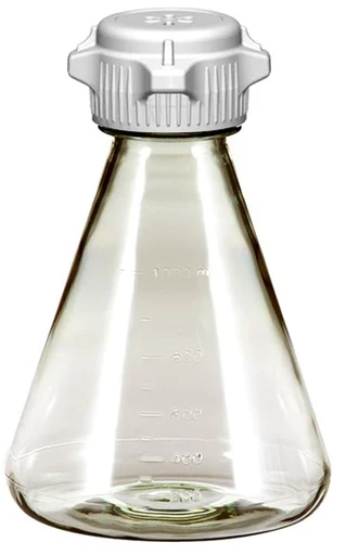Flask 1 L, Sterile Vented Plastic Erlenmeyer Flasks for Cell Culture and Fermentation, 1 L, Autoclavable Polycarbonate (PC), 53 mm (53B) VersaCap with 0.2 µm PTFE Vent, Non-Baffled Bottom, 6/PK