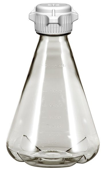 Flask 2 L, Sterile Vented Plastic Erlenmeyer Flasks for Cell Culture and Fermentation, 2 L, Autoclavable Polycarbonate (PC), 53 mm (53B) VersaCap with 0.2 µm PTFE Vent, Baffled Bottom, 6/PK