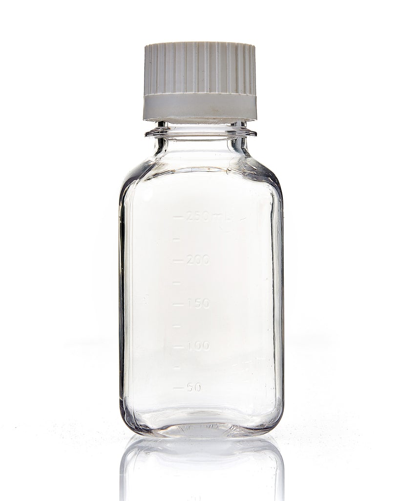 EZBio® 250 mL PC Media Bottles, Sterile, Autoclavable Square Storage Bottles with 38-430 mm White Closed VersaCap Closures, 24/PK