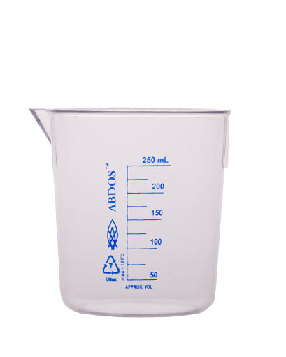 Abdos Printed Tapered Beakers, TPX Polymethyl pentene (PMP) 250 mL, 12/CS