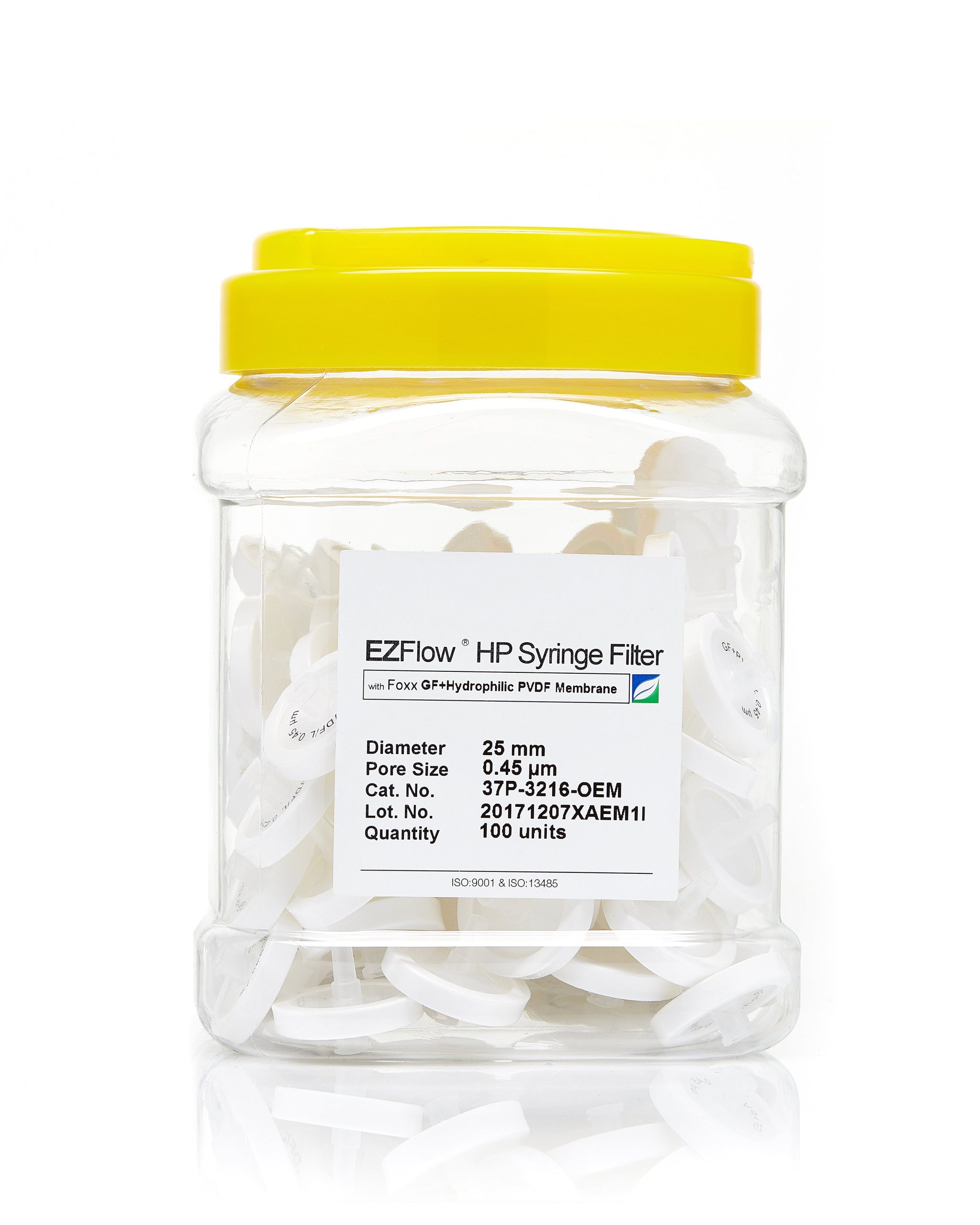 EZFlow® Non-Sterile High Particulate Syringe Filter, 0.45 µm Hydrophilic PVDF w/ Glass Fiber Prefilter, 25 mm, 100/PK