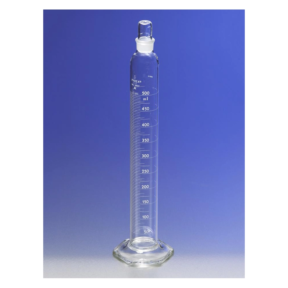 PYREX 250mL Single Metric Scale Cylinders, Serialized/Certified Class A, Standard Taper Stopper, White Graduations, TC
