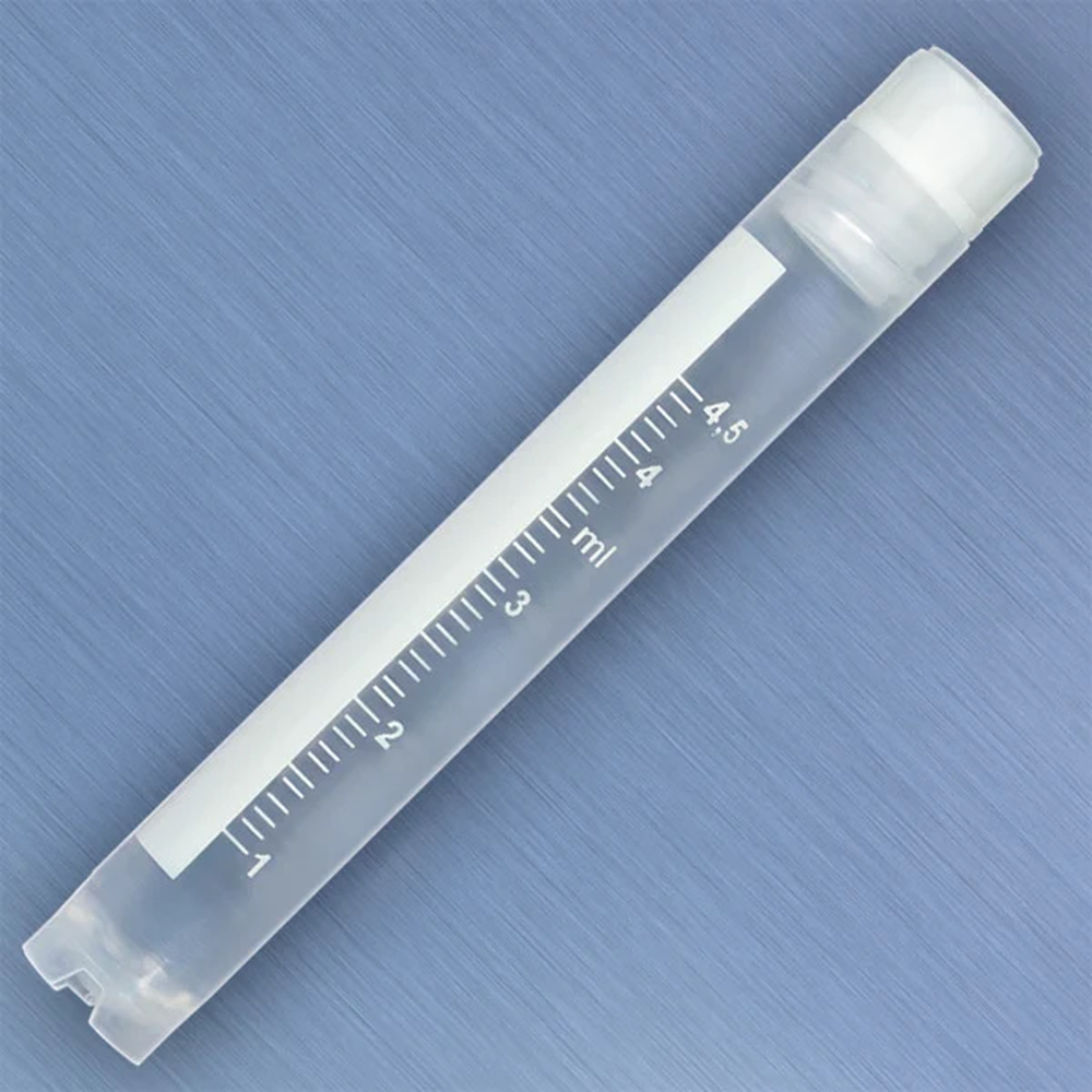 CryoCLEAR vials, 5.0mL, STERILE, Internal Threads, Attached Screwcap with Co-Molded Thermoplastic Elastomer (TPE) Sealing Layer, Round Bottom, Self-Standing, Printed Graduations, Writing Space and Barcode, 50/Bag, 10 Bags