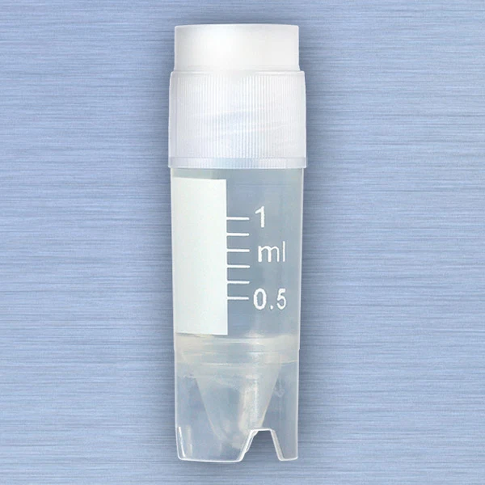 CryoCLEAR vials, 1.0mL, STERILE, External Threads, Attached Screwcap with Co-Molded Thermoplastic Elastomer (TPE) Sealing Layer, Conical Bottom, Self-Standing, Printed Graduations, Writing Space and Barcode, 50/Bag