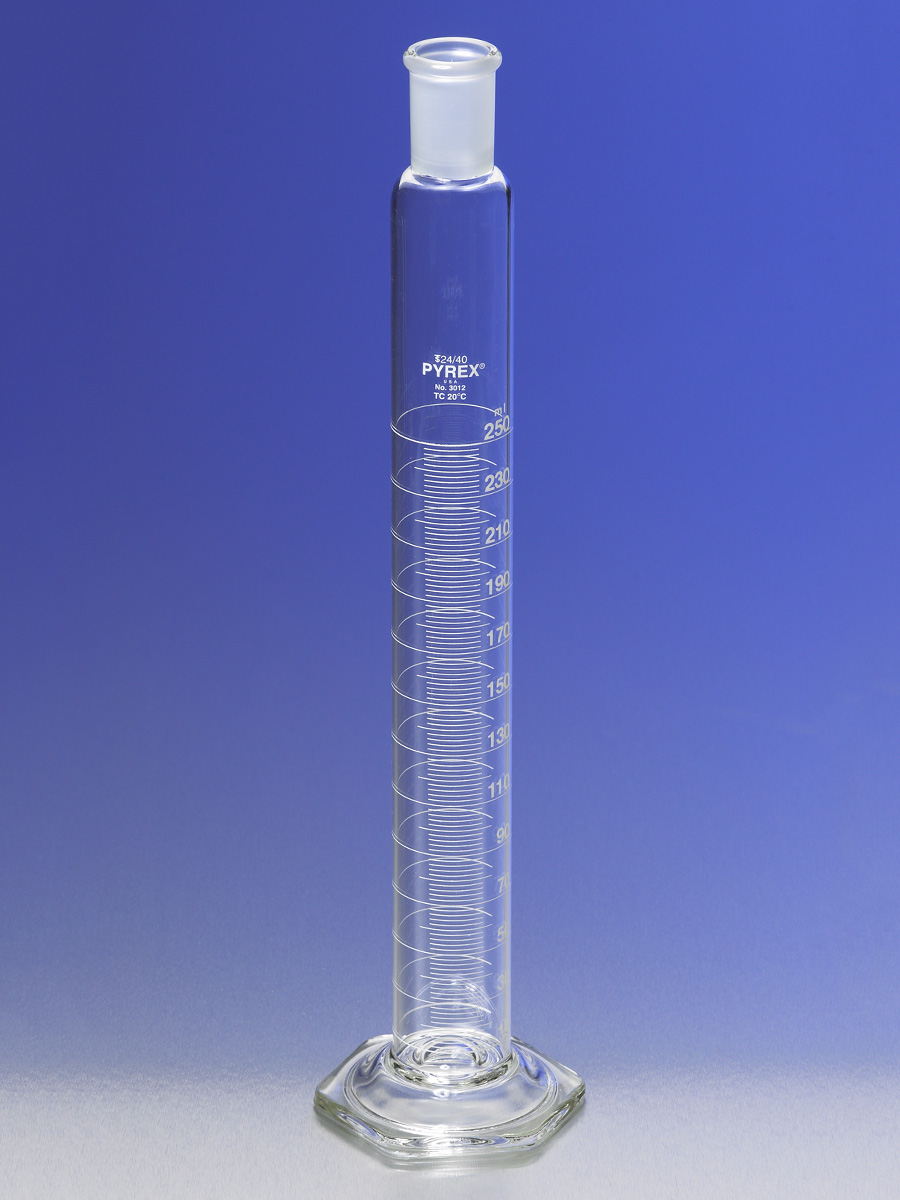 PYREX 250mL Single Metric Scale Cylinders, 24/40 Standard Taper Outer Joint, White Graduations, TC