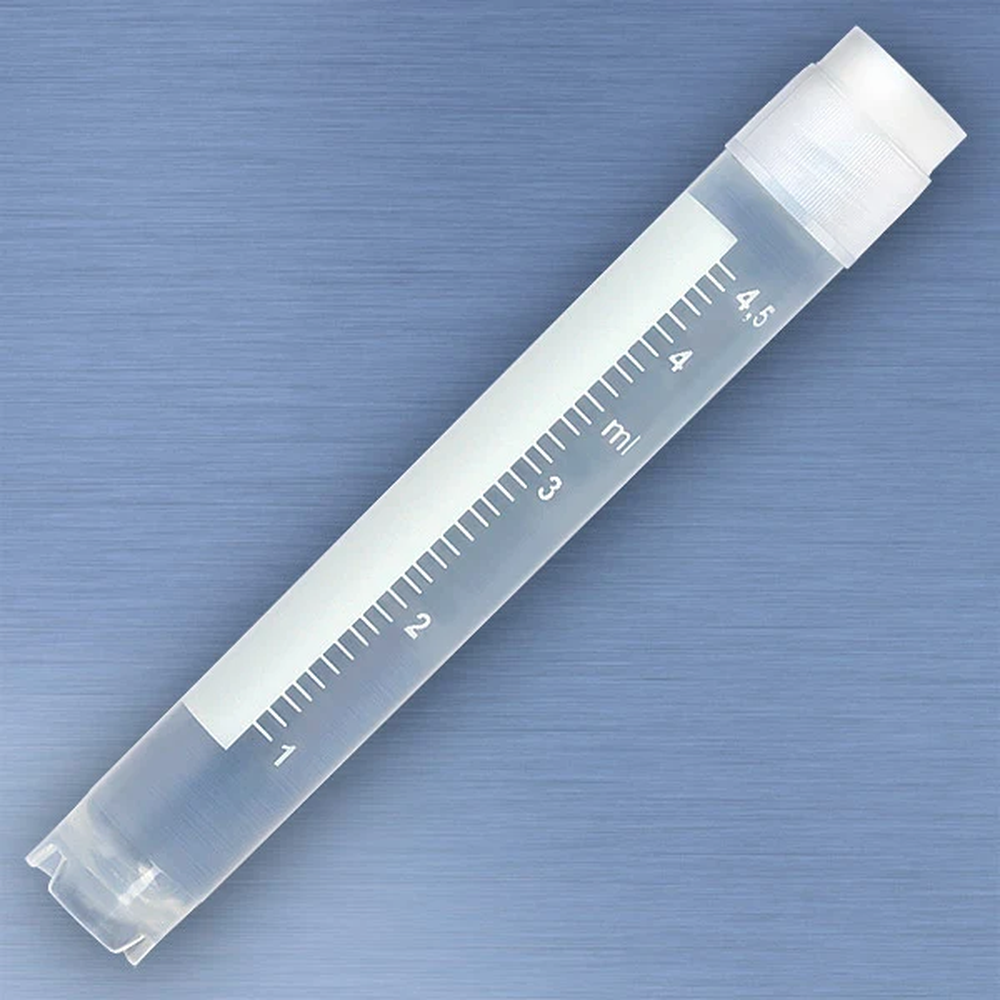CryoCLEAR vials, 5.0mL, STERILE, External Threads, Attached Screwcap with Co-Molded Thermoplastic Elastomer (TPE) Sealing Layer, Round Bottom, Self-Standing, Printed Graduations, Writing Space and Barcode, 50/Bag, 10 Bags