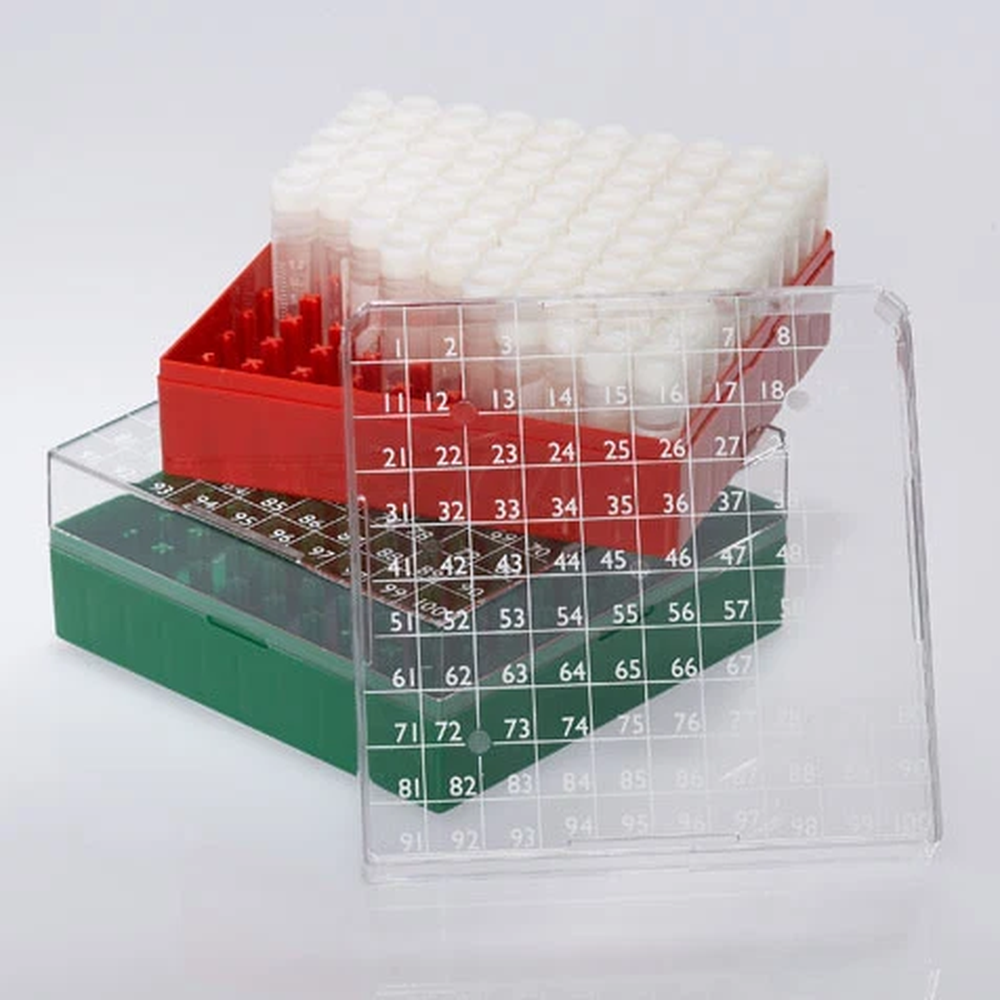 BioBOX 100, for 1.0mL and 2.0mL Internal Threaded CryoCLEAR vials, Polycarbonate (PC), Holds 100 vials (10x10 format), Printed Lid, Pack Includes a CryoClear Tube Picker, WHITE - CS/40