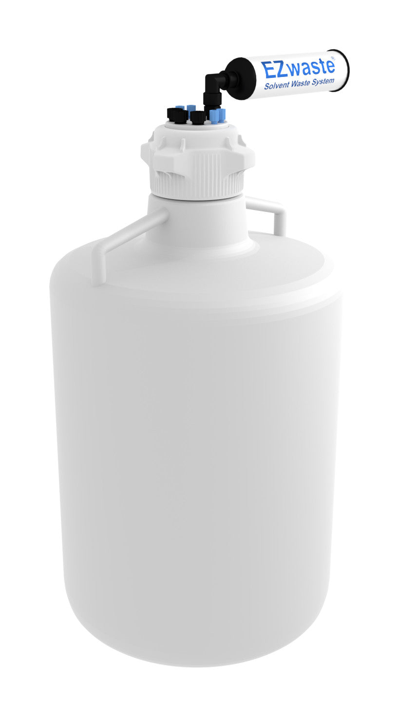 EZwaste® HPLC Solvent Waste System, 20 L Heavy Duty Round Carboy, 83 mm (83B) VersaCap with Four (4x) Ports for 1/8 Inch O.D. Tubing, Three (3x) Ports for 1/4 Inch O.D. Tubing & Filter, 1/EA