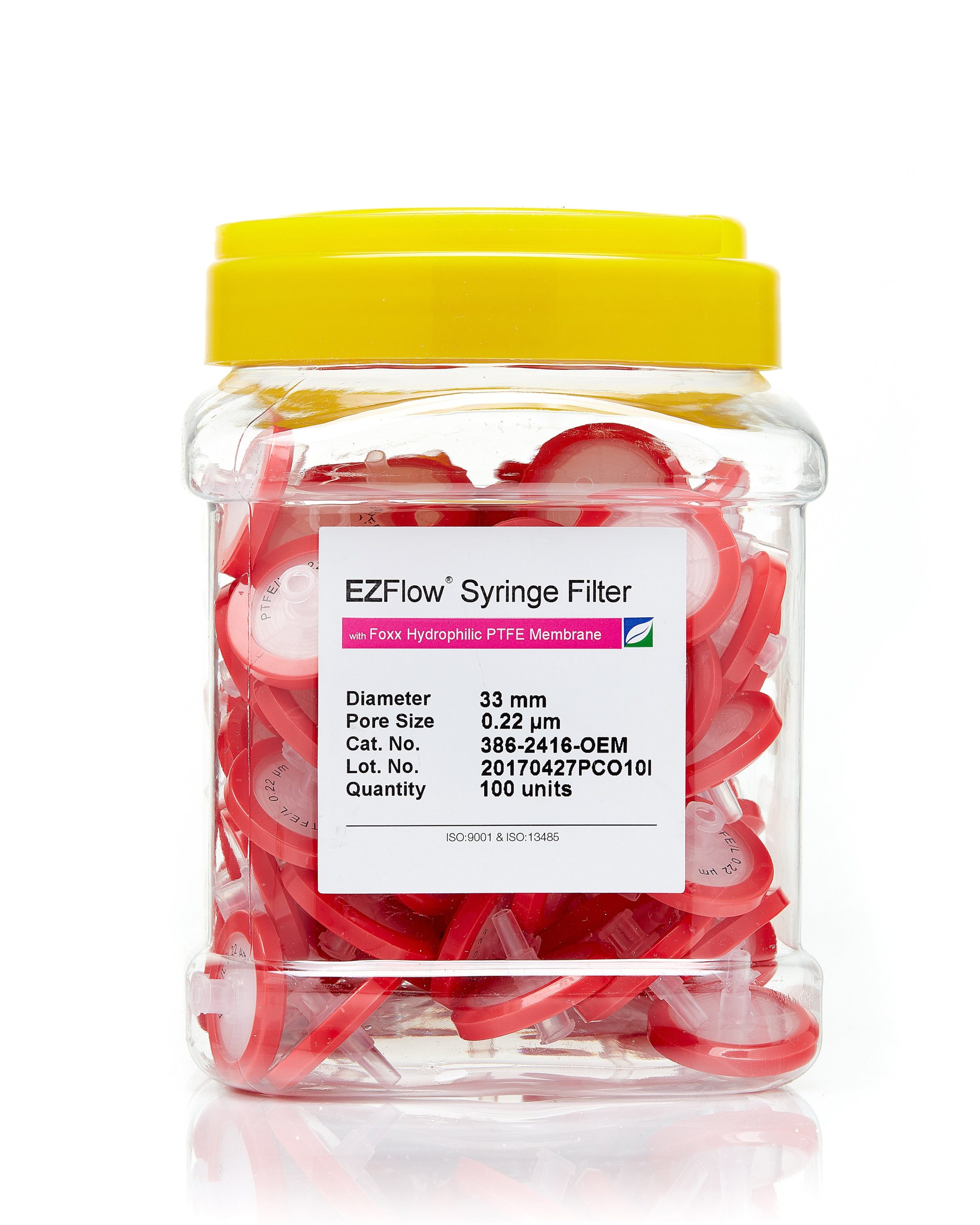 EZFlow® Non-Sterile Hydrophilic PTFE Syringe Filters, 0.22 µm Pore Size Membrane for Prefiltration and Sample Prep, 33 mm, 100/PK