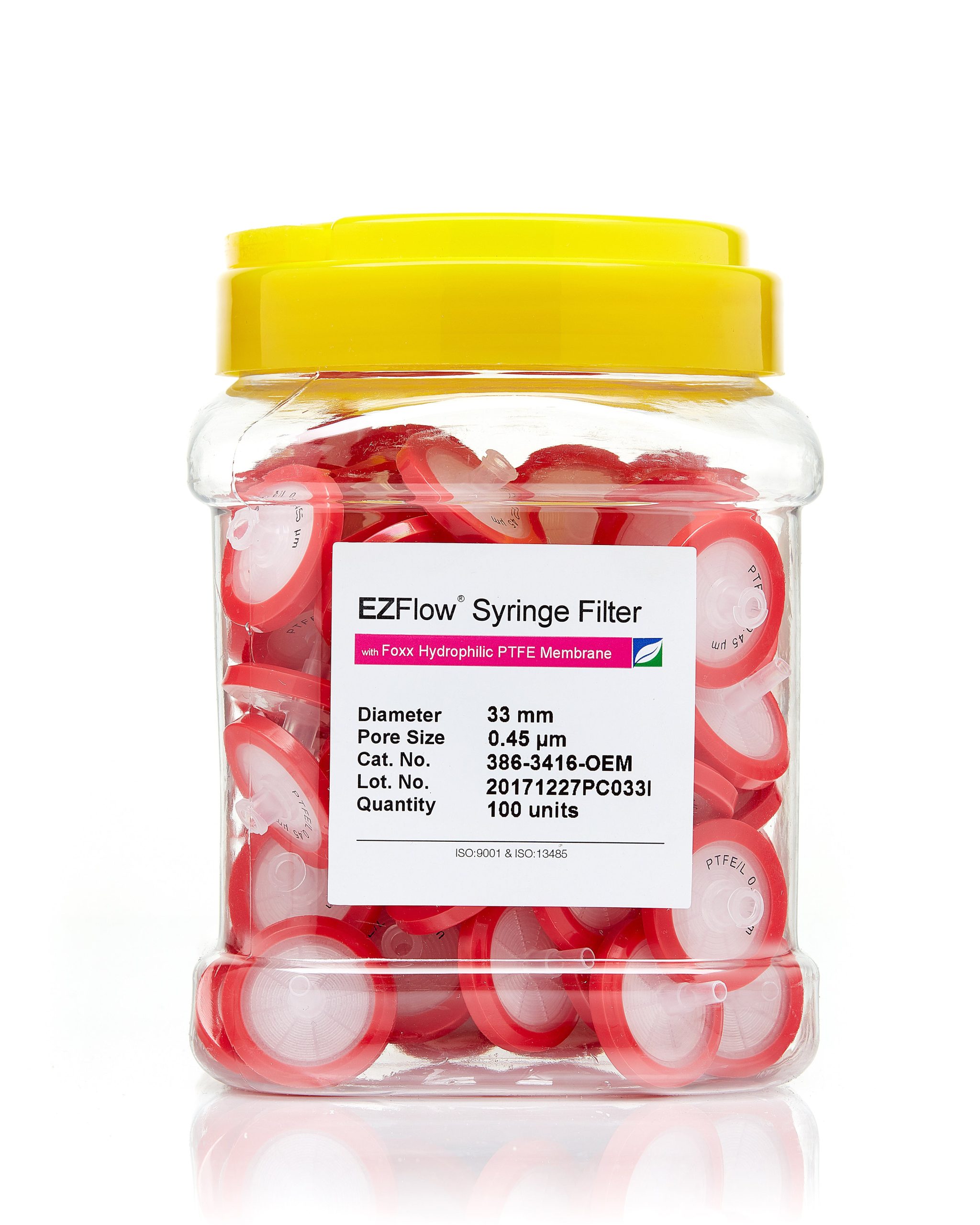 EZFlow® Non-Sterile Hydrophilic PTFE Syringe Filters, 0.45 µm Pore Size Membrane for Prefiltration and Sample Prep, 33 mm, 100/PK