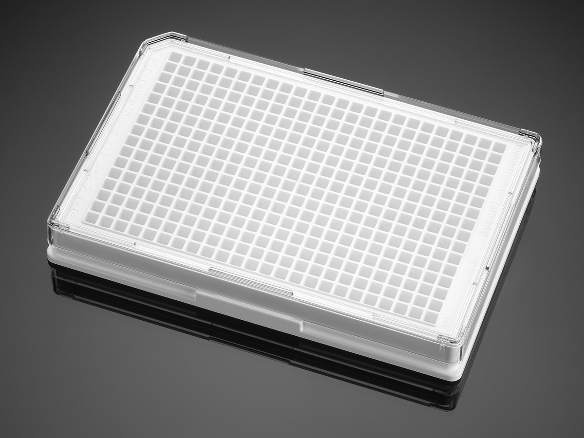 Falcon 384 Well Optilux White/Clear Flat Bottom TC-Treated Microtest Microplate, with Lid, Sterile, 5/Pack, 50/Case