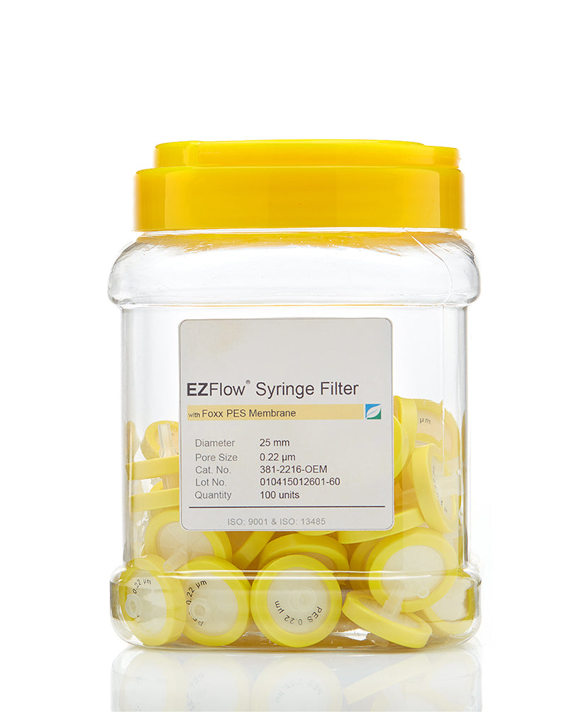 EZFlow® Non-Sterile Polyethersulfone (PES) Syringe Filters, 0.22 µm Pore Size Membrane for Prefiltration and Sample Prep, 25 mm, 100/PK