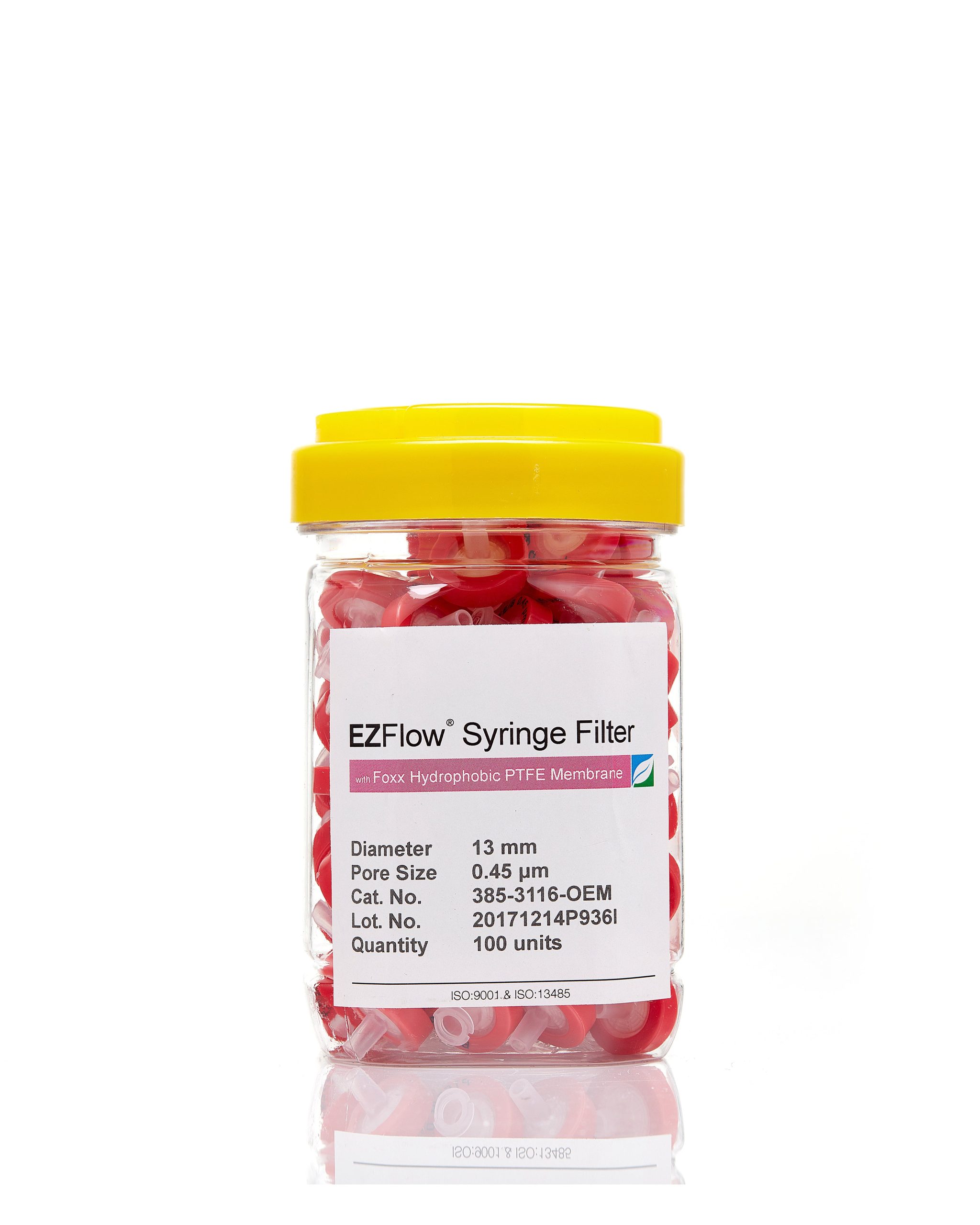 EZFlow® Non-Sterile Hydrophobic PTFE Syringe Filters, 0.45 µm Pore Size Membrane for Prefiltration and Sample Prep, 13 mm, 100/PK