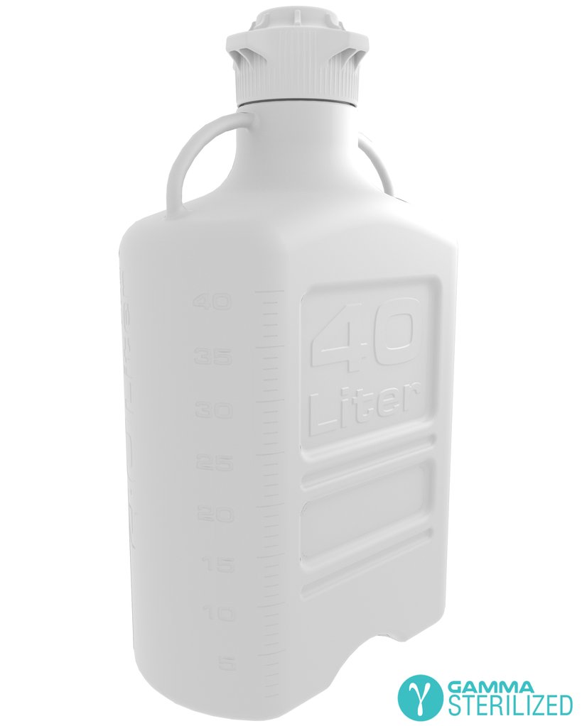 EZBio® 40 L (10 Gal) Gamma Sterilized Double Bagged Autoclavable Polypropylene (PP) Space Saving Carboy with Wide Mouth 120 mm VersaCap® and 50 L Max Capacity, Large Pinched Handles, 1/EA