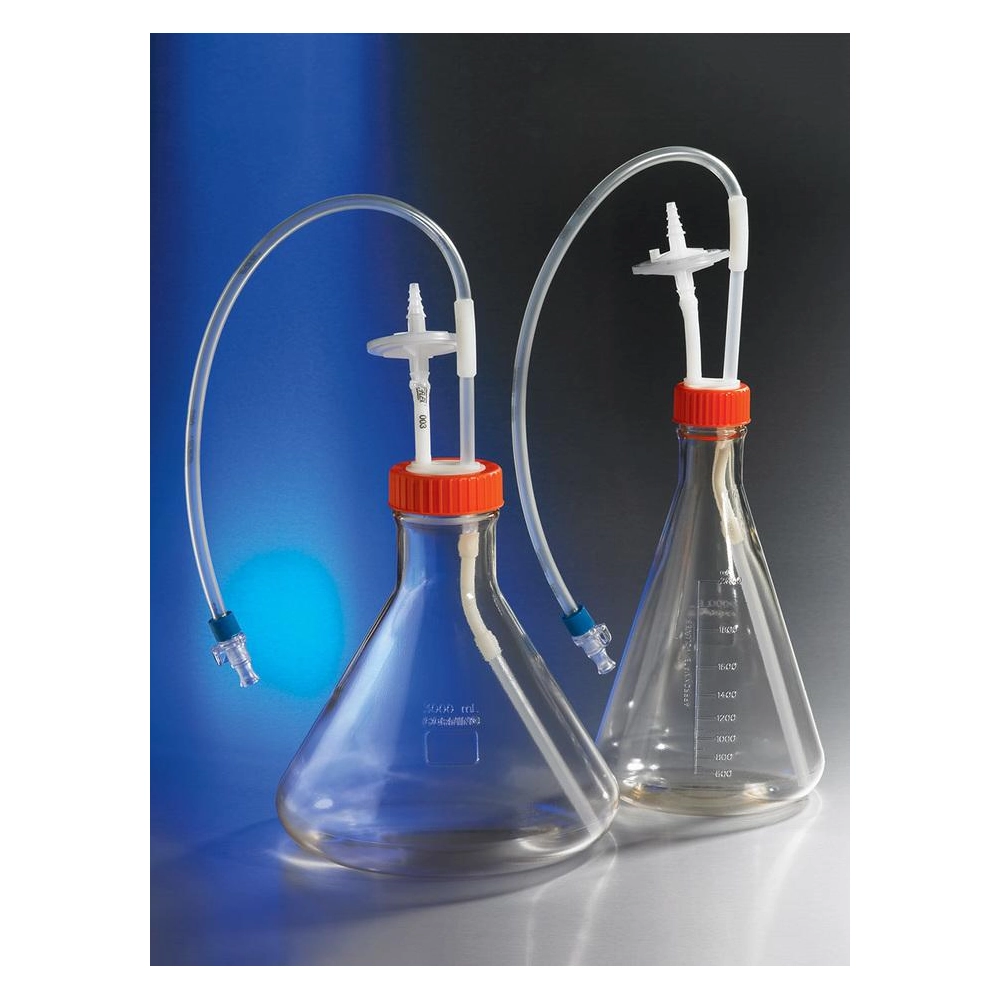 Corning 3L Polycarbonate Erlenmeyer Shake Flask with Aseptic Transfer Cap having a 1/4" Dip Tube with Male MPC Disconnect and a 0.2µm Vent,Sterile, 1/bag,2/case