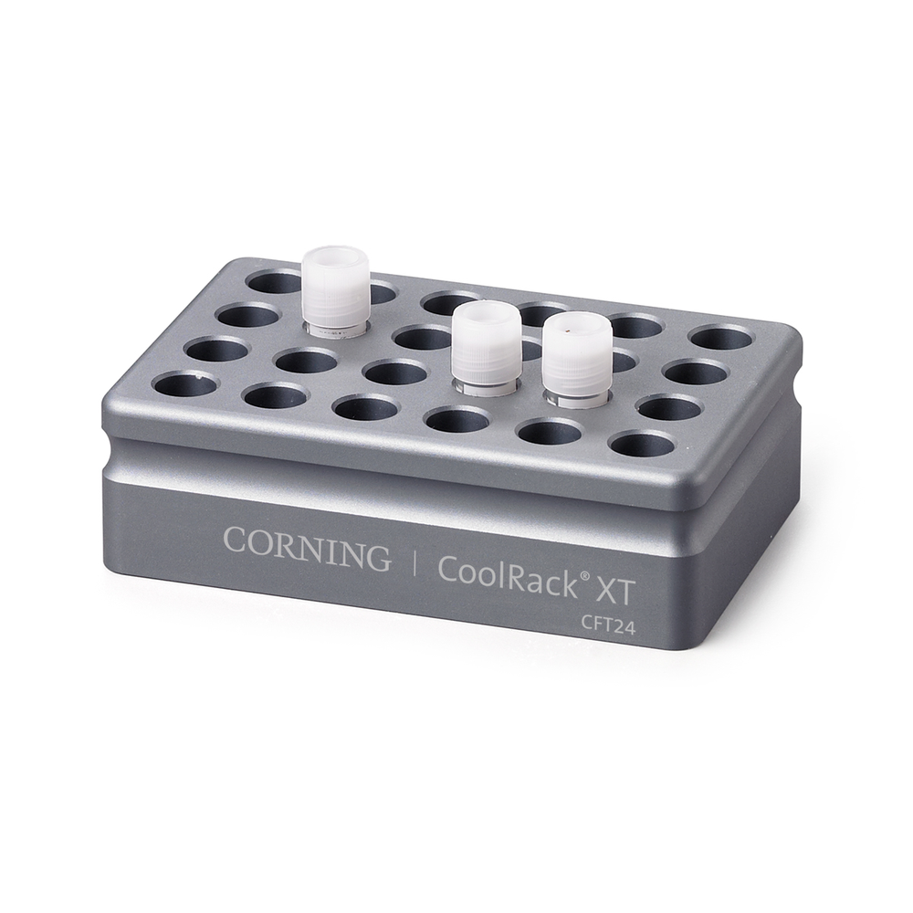 CoolRack XT CFT24, holds 24 cryovial or FACS tubes, with "gripping" wells for one-hand vial opening/closing