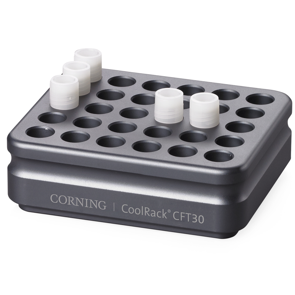 CoolRack CFT30, holds 30 cryovial or FACS tubes, with "gripping" wells for one-hand vial opening/closing