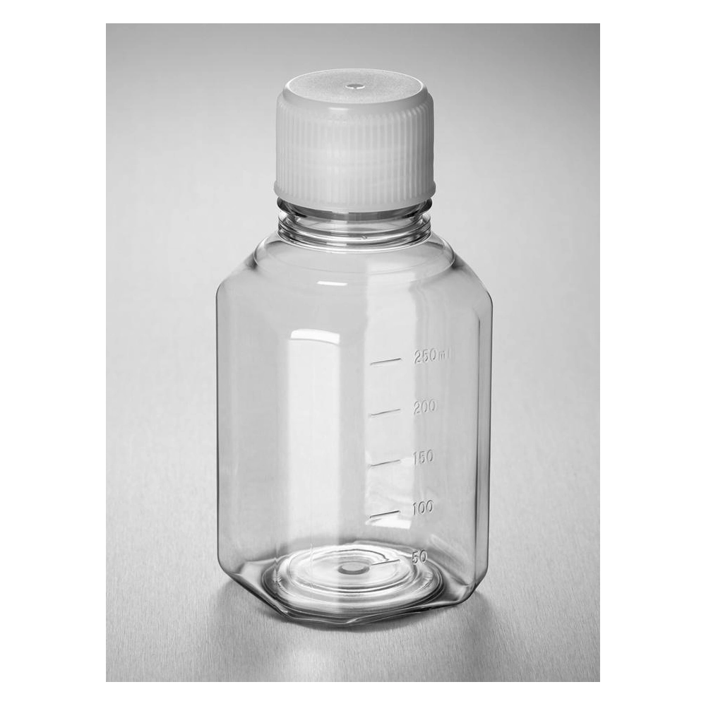 Corning PET Bottle, 250 mL, Graduated, 31 mm Screw Cap validated against IATA, Sterile, Triple-bagged, Pre-assembled, 24/Tray, 72/Case