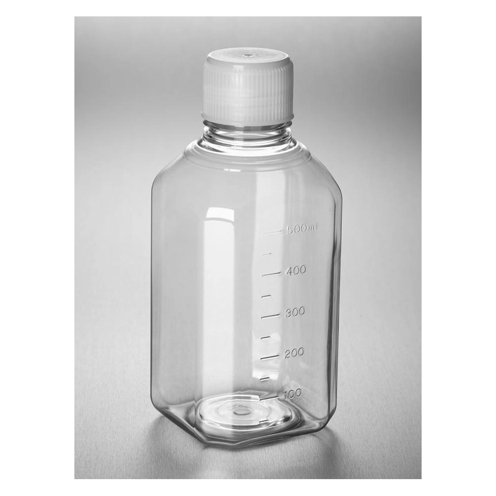 Corning PET Bottle, 500 mL, Graduated, 31 mm Screw Cap validated against IATA, Sterile, Triple-bagged, Pre-assembled, 12/Tray, 48/Case