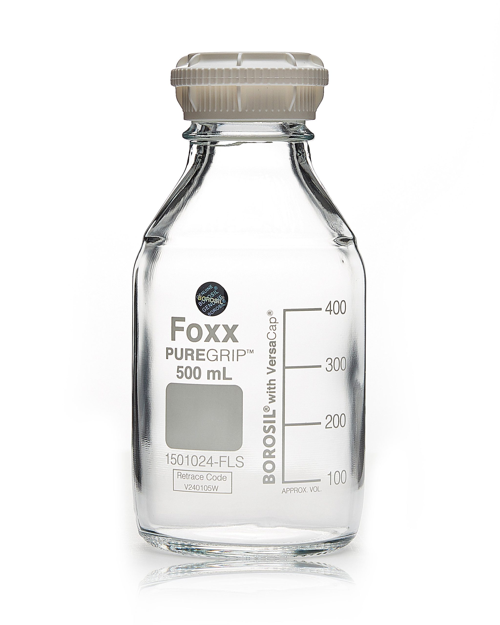 PUREGRIP® Glass Bottles, Media, Round, Clear, GL45 VersaCap®, 500mL