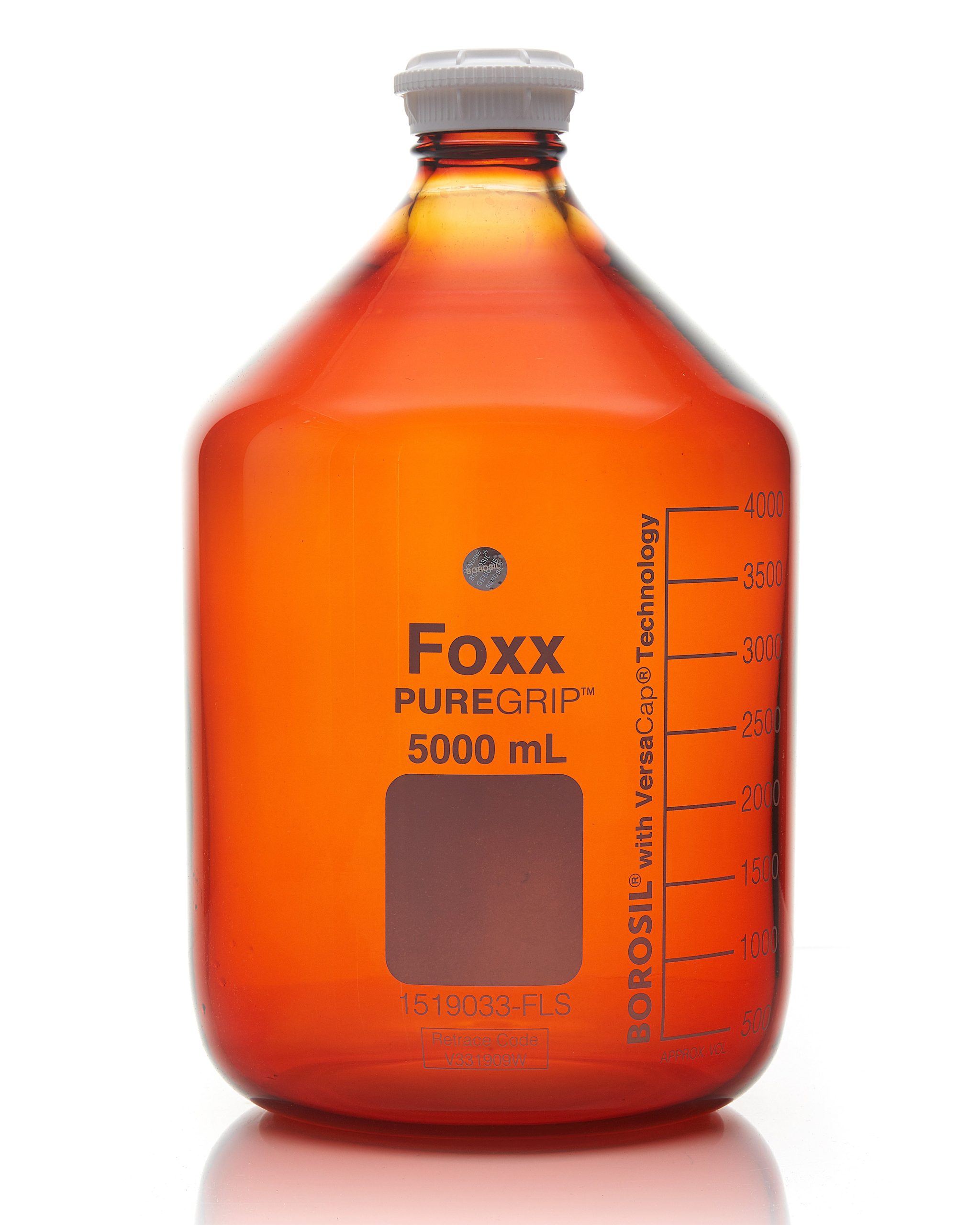 PUREGRIP® Reusable Amber Light-Blocking Round Glass Media Storage Bottles with GL45 VersaCap, Pouring Ring, and Extra Large Marking Spot, 5 L (5,000 mL), 1/EA