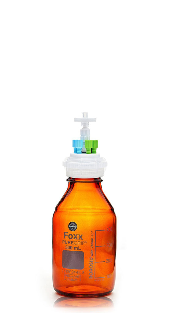 ChromCap™ 300 HPLC Solvent Reservoir System with VersaCap® GL45 and 500 mL Amber Glass Reagent Bottle, Class VI PTFE Adapter & Safety Air Inlet Valve, Four (4x) Ports- OD Tubing 3.2mm (1/8") or 1.6 mm (1/16"), 1/EA