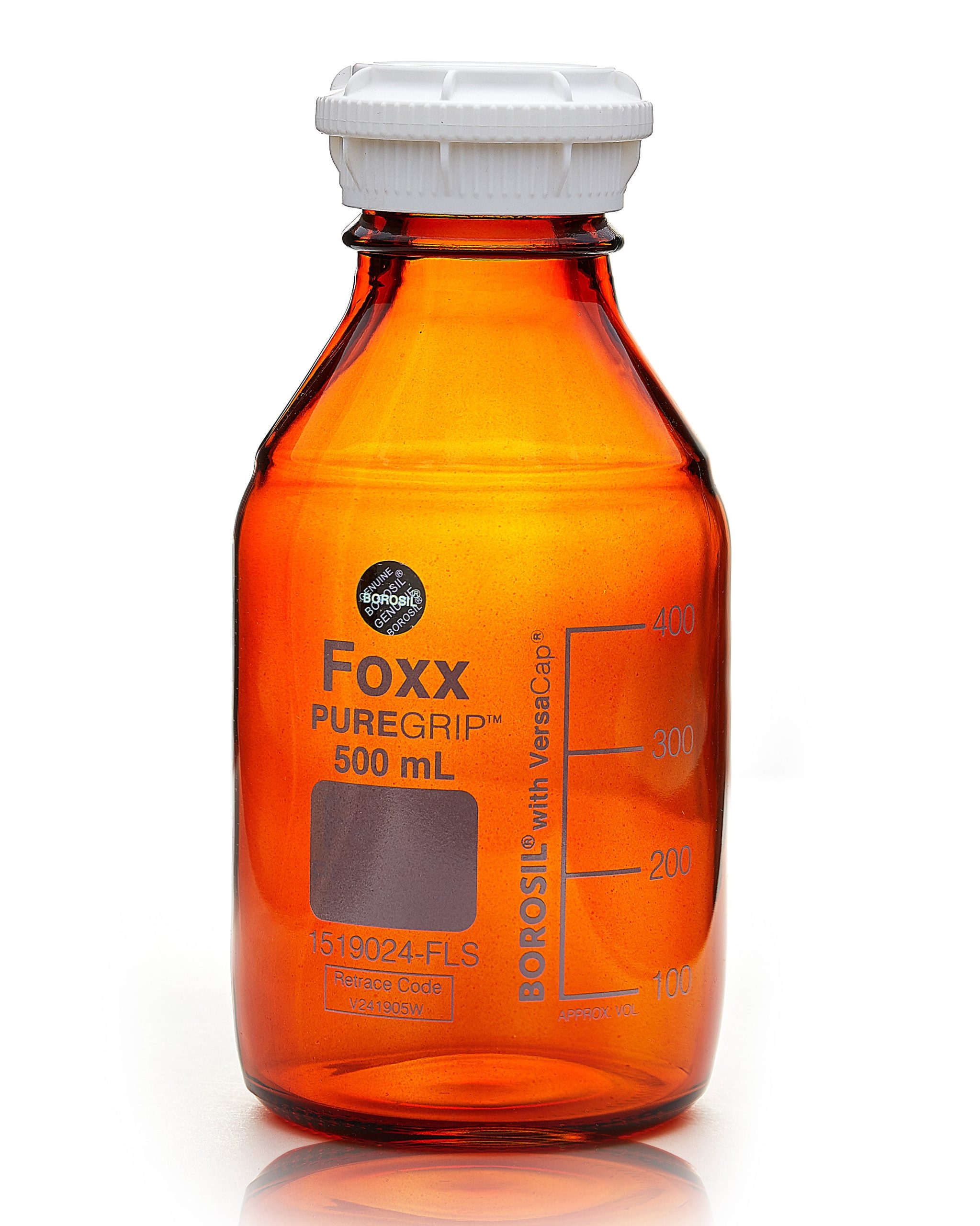 PUREGRIP® Glass Bottles, Media, Round, Amber, GL45 VersaCap®, 500mL