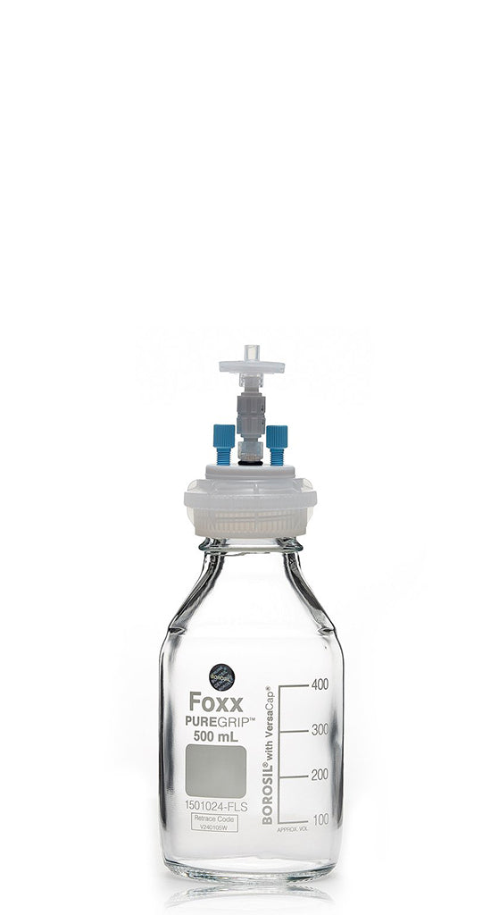 ChromCap™ 300 HPLC Solvent Reservoir System with VersaCap® GL45 and 500 mL Clr. Glass Reagent Bottle, Class VI PTFE Adapter & Safety Air Inlet Valve, Two (2x) Ports- OD Tubing 3.2mm (1/8") or 1.6 mm (1/16"), 1/EA