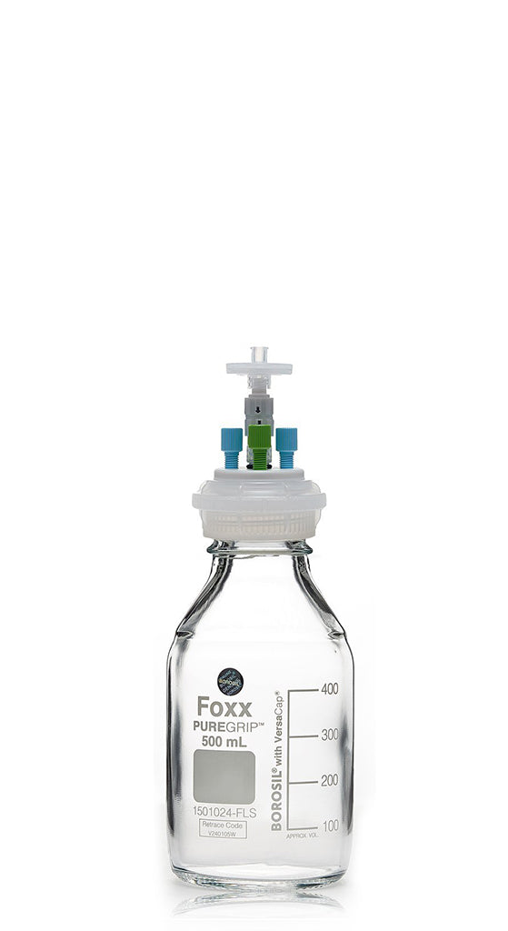 ChromCap™ 300 HPLC Solvent Reservoir System with VersaCap® GL45 and 500 mL Clr. Glass Reagent Bottle, Class VI PTFE Adapter & Safety Air Inlet Valve, Three (3x) Ports- OD Tubing 3.2mm (1/8") or 1.6 mm (1/16"), 1/EA