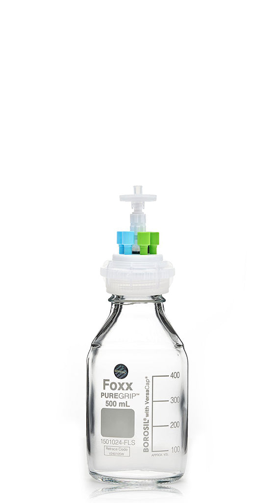 ChromCap™ 300 HPLC Solvent Reservoir System with VersaCap® GL45 and 500 mL Clr. Glass Reagent Bottle, Class VI PTFE Adapter & Safety Air Inlet Valve, Four (4x) Ports- OD Tubing 3.2mm (1/8") or 1.6 mm (1/16"), 1/EA