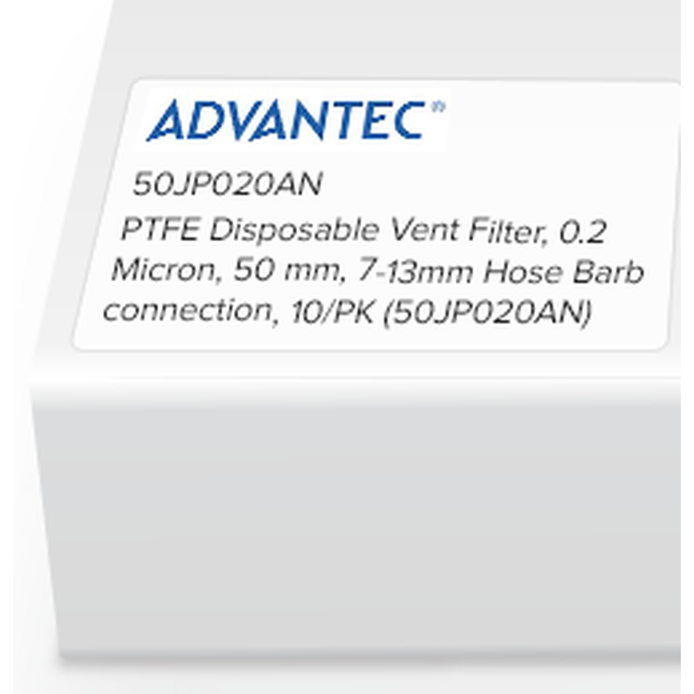 PTFE Disposable Vent Filter, 0.2 Micron, 50mm, 7-13mm Hose Barb connection, 10/PK