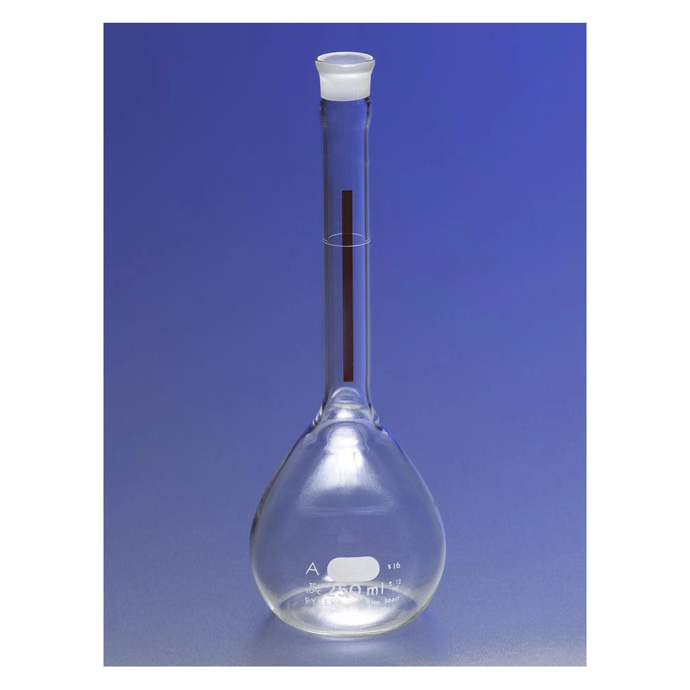 PYREX 200mL Class A Lifetime Red Volumetric Flask with Glass Standard Taper Stopper