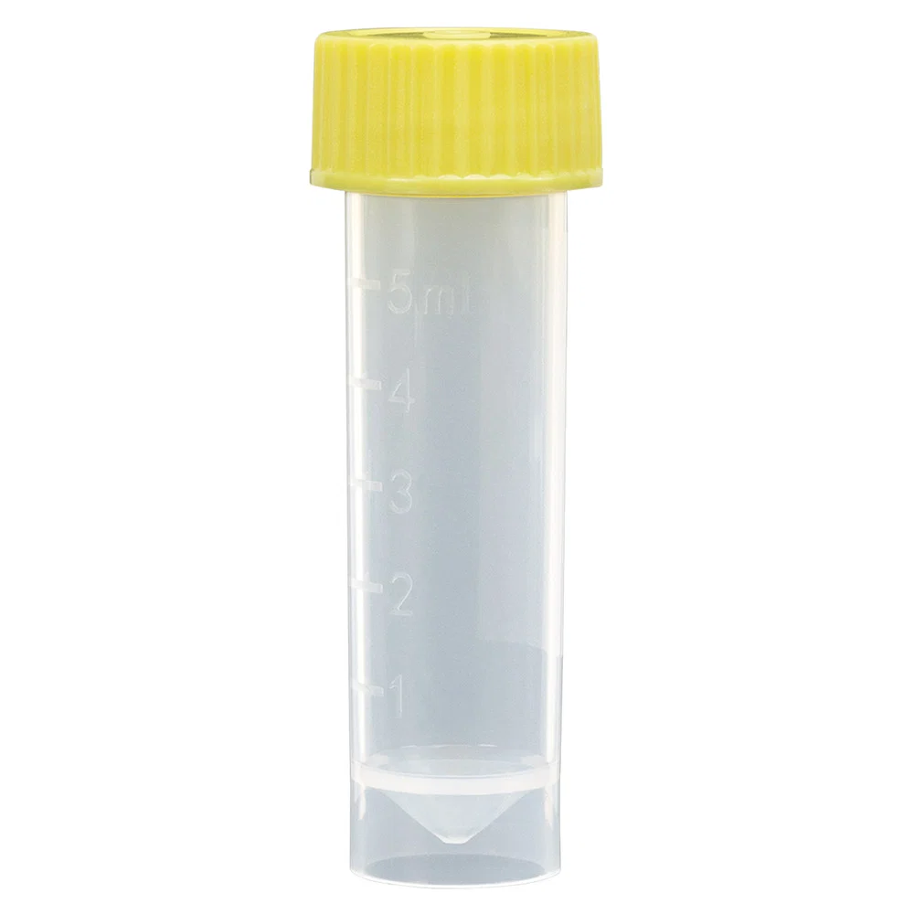 Transport Tube, 5mL, with Separate Yellow Screw Cap, PP, Conical Bottom, Self-Standing, Molded Graduations