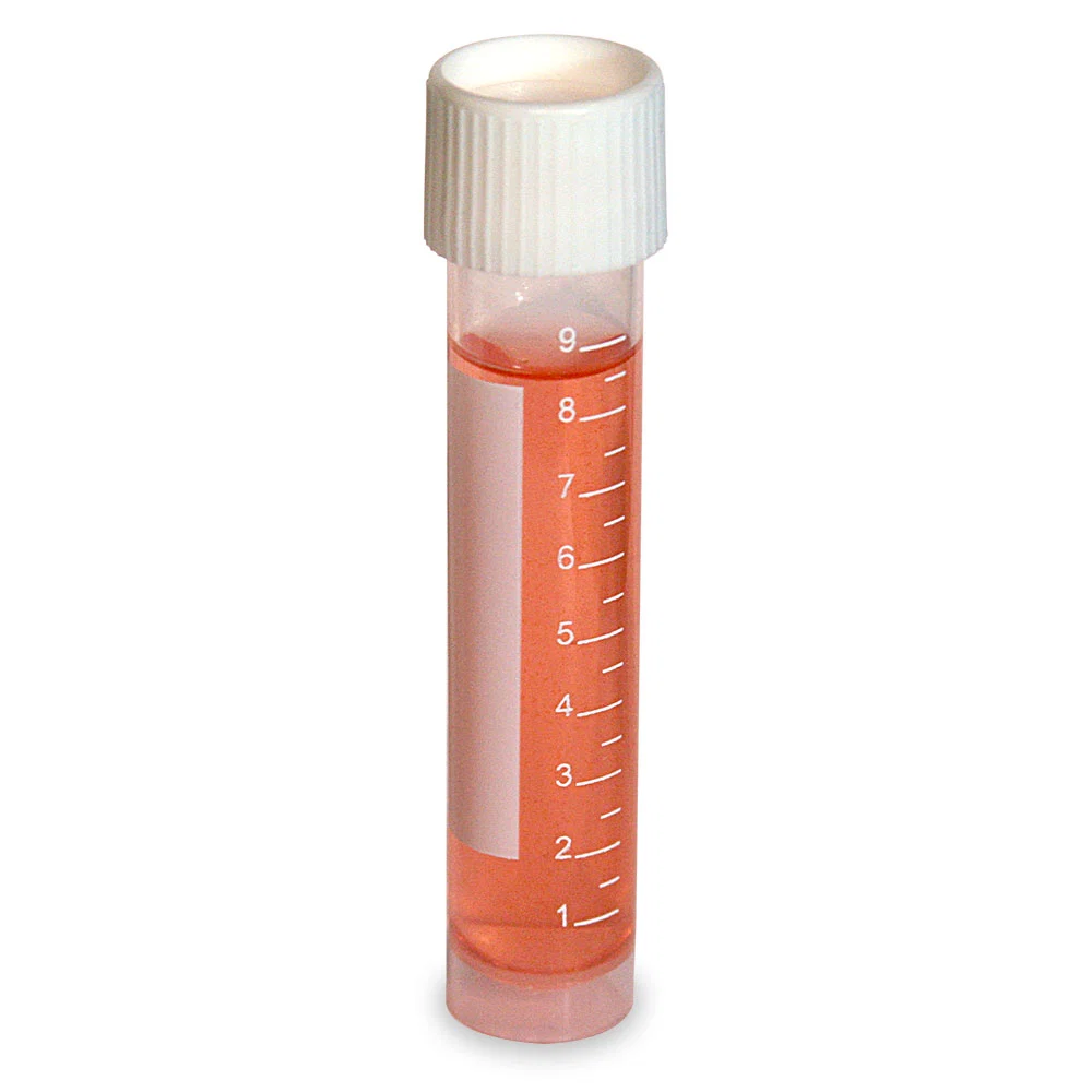Transport Tube, 10mL, 16 x 80mm, with Attached White Screw Cap, PP, Conical Bottom, Self-Standing, Sterile, Printed Graduations, 25/Bag