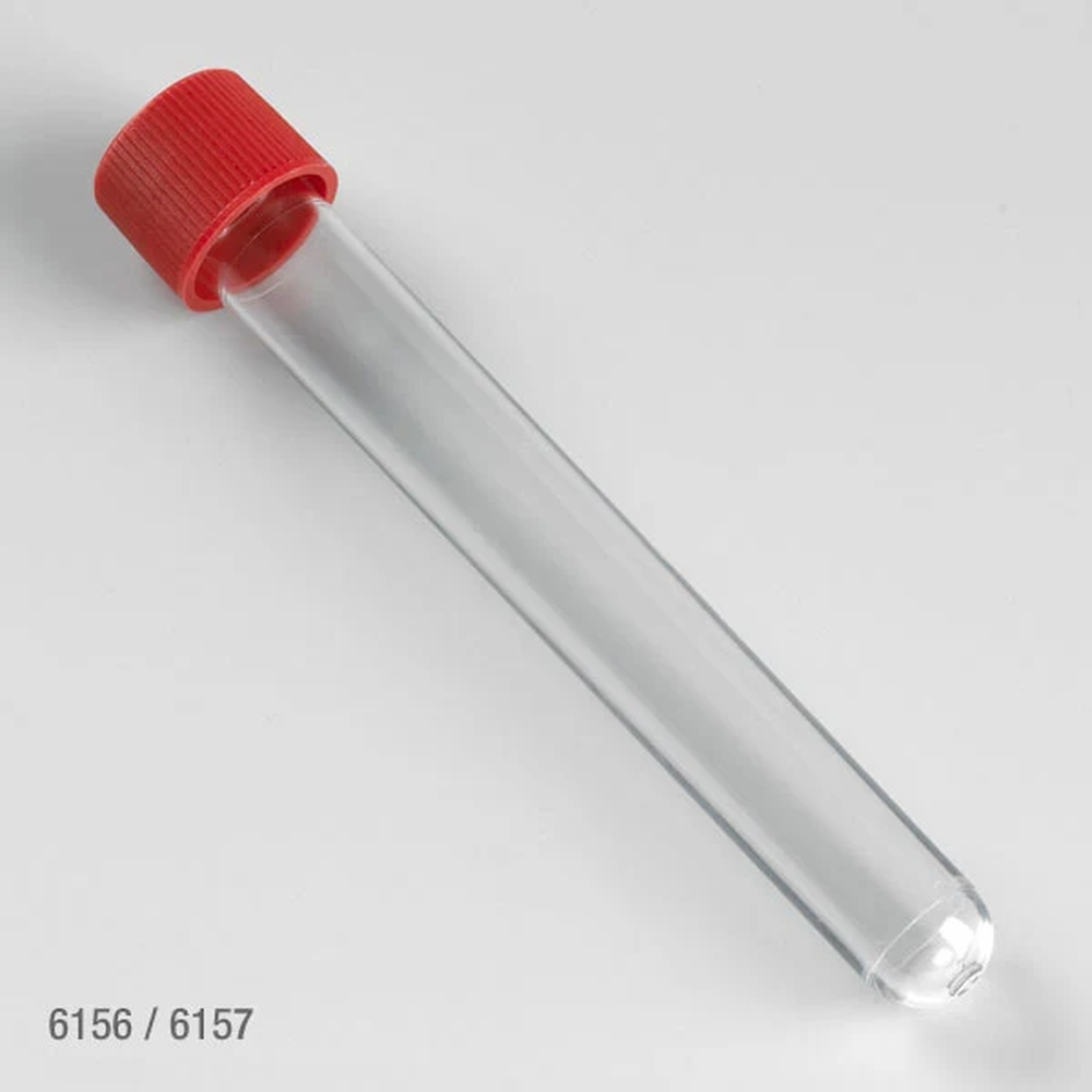 Test Tube with Attached Red Screw Cap, 16 x 120mm (15mL), PS, STERILE, 150/Bag, 5 Bags/Unit