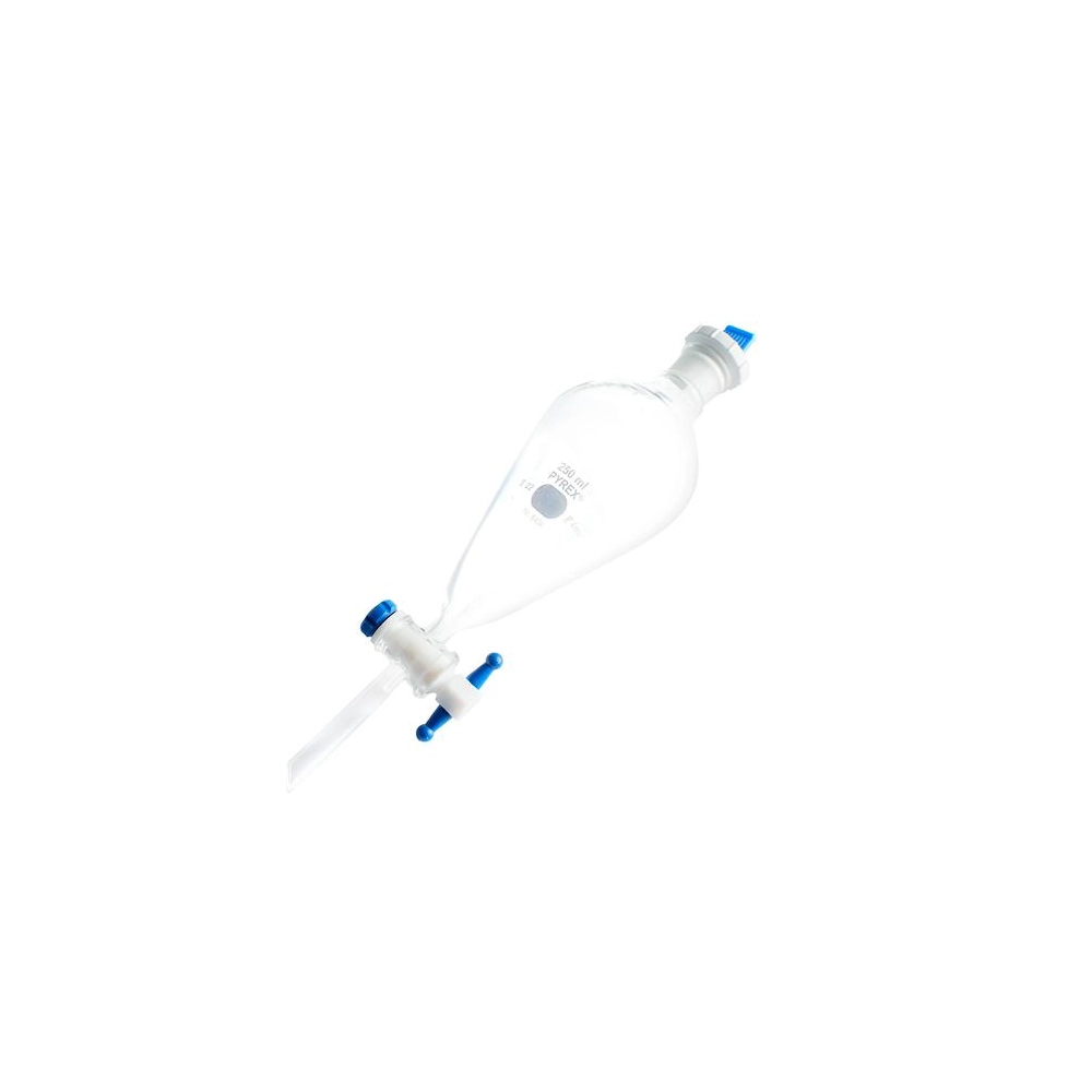 PYREX 250mL Pear-Shaped Squibb Separatory Funnel, PTFE Product Standard Stopcock, Polyethylene Standard Taper Stopper