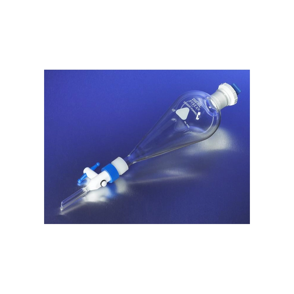 PYREX 60mL Economy Squibb Separatory Funnel, Polyethylene Standard Taper Stopper, Replaceable Product Standard PTFE Stopcock
