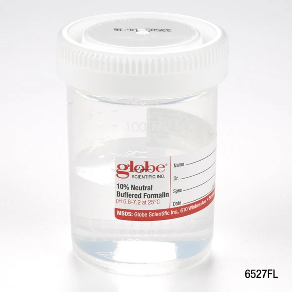 Pre-Filled Container with Click Close Lid: Tite-Rite, 120mL (4oz), PP, Filled with 60mL of 10% Neutral Buffered Formalin, Attached Hazard Label, 24/Box, 4 Boxes/Unit